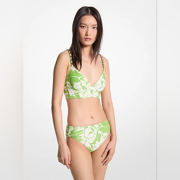 Michael Kors Green & White Palm Print Bralette Bikini Top Women's Size Medium - Picture 1 of 16
